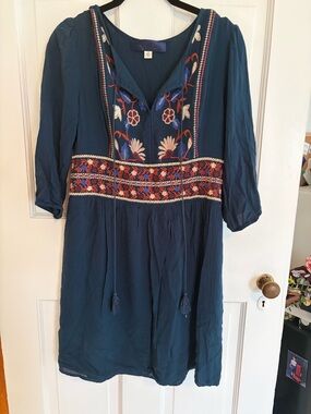 Embroidered Lined Peasant Dress - Teal Blue